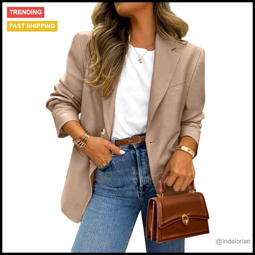 Lightweight Open Front Blazer Long Sleeve Casual Work Office Two Button Pockets